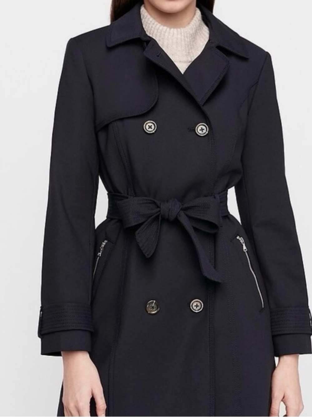 Express Black Double-Breasted Trench Coat with Waist Tie